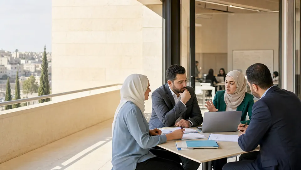 Jordanian education professionals collaborating in a modern learning environment in Amman.