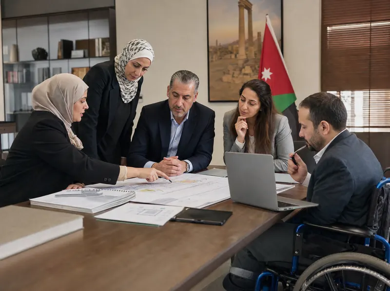 Consultants and education leaders reviewing inclusion and accessibility together in Amman.