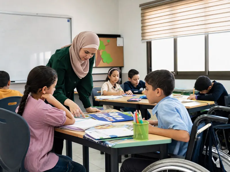 A Jordanian teacher using inclusive teaching practices in an Amman classroom.